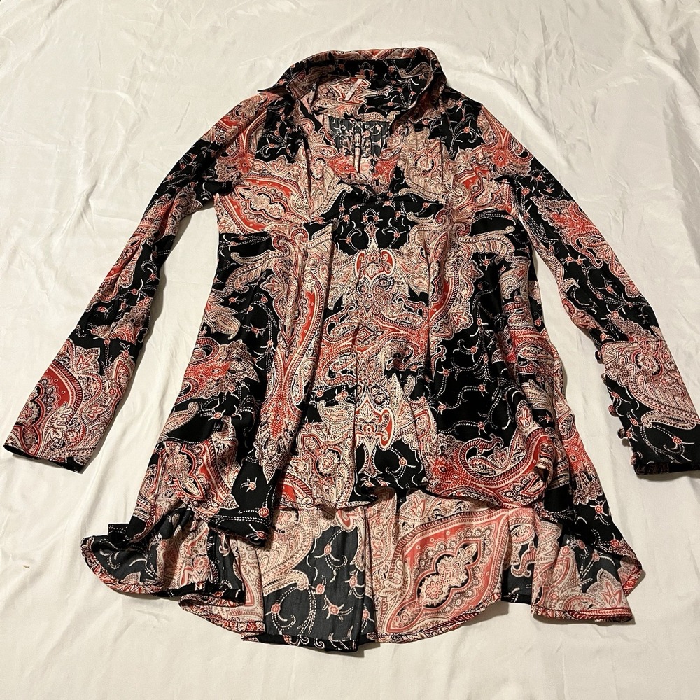 Free People Womens Top XS Field Of‎ Butterflies Black Red Babydoll Tunic Boho